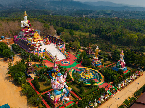 Wat sang kaew scenic aerial view: vibrant buddhist temple complex in chiang mai, Thailand
