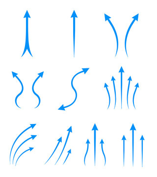 上方への上昇気流や風の流れを示す青い矢印とモーションラインのイラスト素材セット Set of blue arrows and motion lines showing upward airflow and wind current