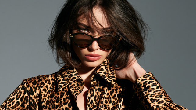Confident fashion model in leopard print blouse and sunglasses posing for glamorous beauty portrait