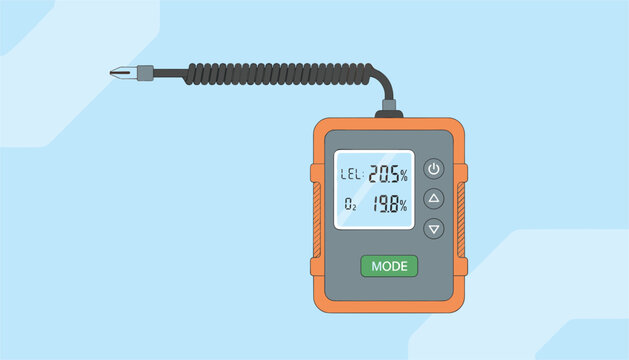 Industrial gas detector device displays levels for oxygen and lower flammable limits with a flexible probe attached.
