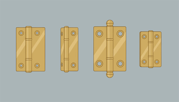 Set of four golden brass door hinges with mounting holes is displayed in a clean and professional arrangement.