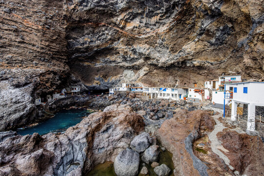 Poris de Candelaria, a small fishing village in a natural cave in the steep coast on La Palma, Canary Islands, Spain.
