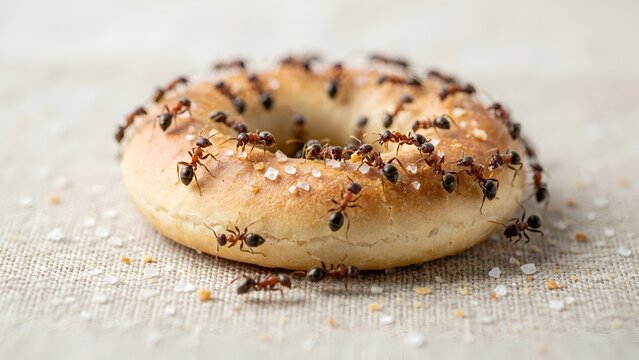 A bagel covered in salt crystals being swarmed by a colony of ants on a textured fabric surface