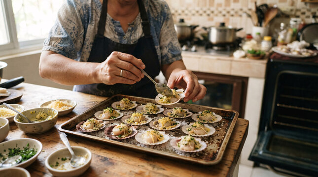 Home cook preparing scallops in shells with garlic, herbs and seasoning on a baking tray in a bright kitchen.