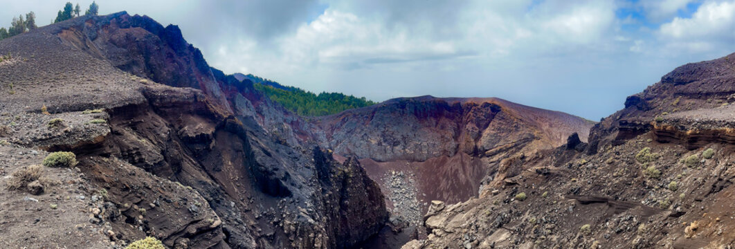 The crater of the volcano Hoyo Negro on the hike Ruta de los Volcanos on La Palma, Canary Islands, Spain.