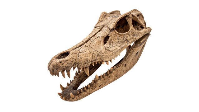 Prehistoric dinosaur skull fossil crocodile alligator head bones isolated on transparent background
