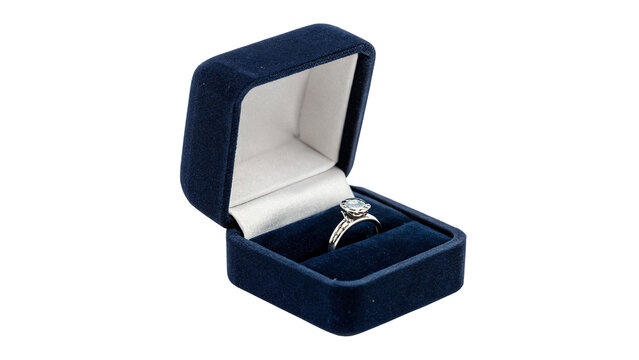 Luxury elegant silver diamond engagement ring in blue box isolated on transparent background