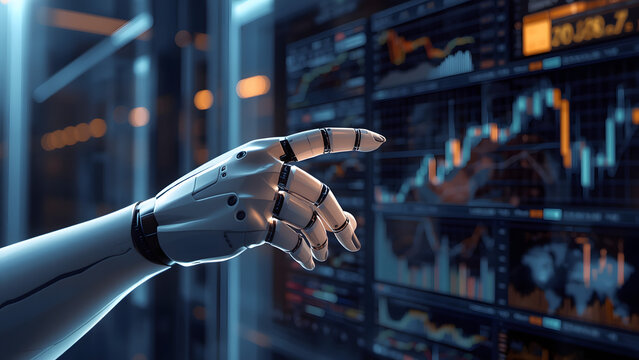 Robotic hand pointing at financial data charts, AI trading technology in server room, futuristic automated stock market analysis