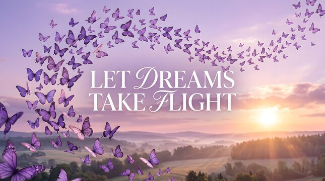 Swarm of purple butterflies flying over a scenic landscape at sunset with the text let dreams take flight