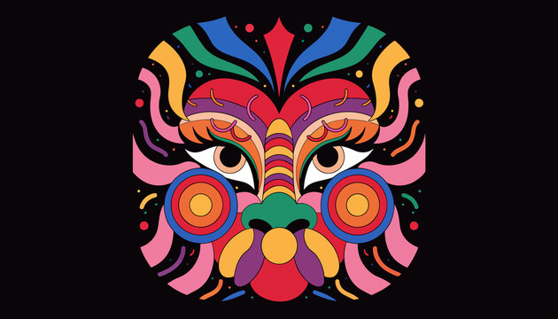 Vibrant Abstract Animal Face with Psychedelic Colors and Swirls on Black Background - Graphic Art
