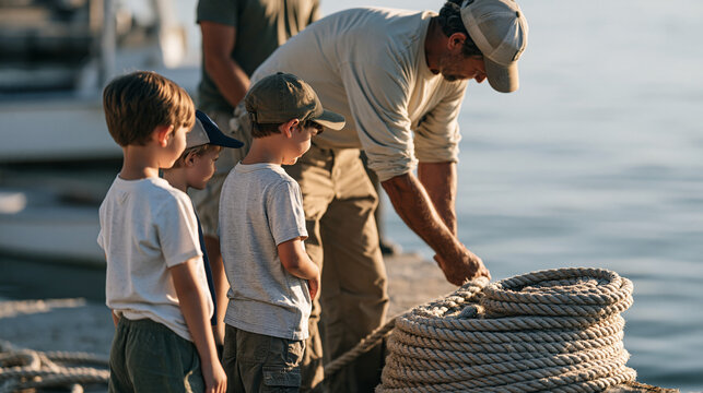 Rope rigger winding thick marine-grade hemp rope into precise coils beside a sun-warmed harbor bollard at golden hour, a family of three pausing nearby to watch with curiosity as