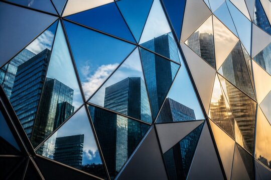 Faceted glass panels reflecting skyscrapers and sky at dusk