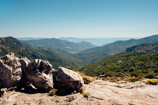 View on the Mediterranean from the mountains in Corsica