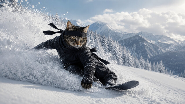 Ninja Cat Snowboarding Through Deep Powder Snow