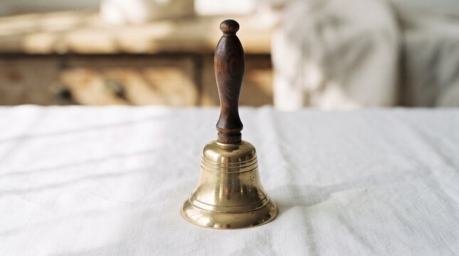 Bell rests with radiant brass and wood; surreal ceremony of signal and attention, duality of fragility and resilience, abstract echoes of heritage, awareness, and identity.