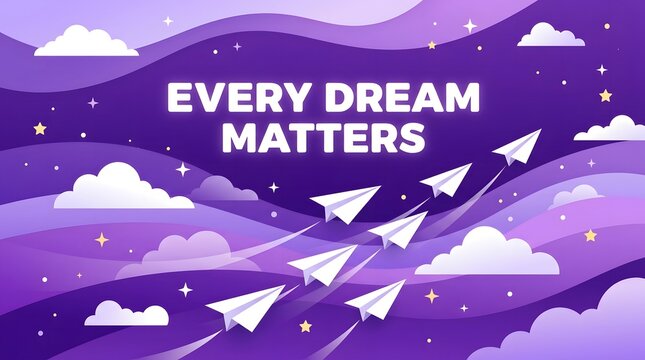 Every dream matters motivation quote banner paper airplanes flying in purple starry night sky background