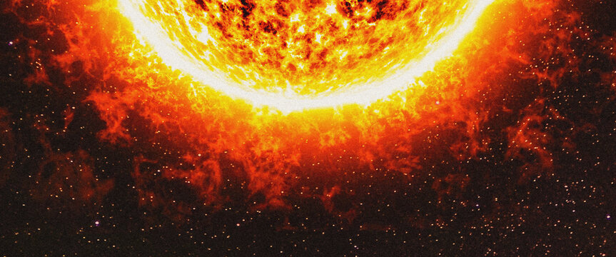 Extreme heatwave concept with blazing sun and solar flares in dark space