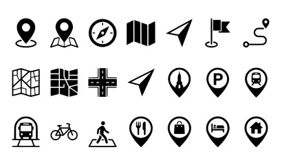 Fototapeta premium Black Navigation and Location Map Icons for Urban Lifestyle Vector Set