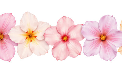 Obraz premium Cosmos flowers floral border pink blossoms row isolated on a transparent background for botanical spring design and decorative card frame