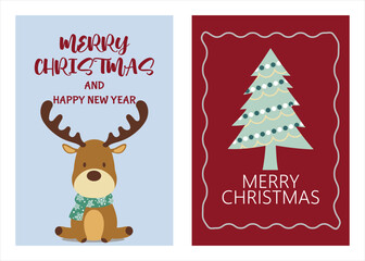 Fototapeta premium Merry Christmas greeting cards set, cute reindeer and pine tree illustrations, festive holiday postcards with Happy New Year typography