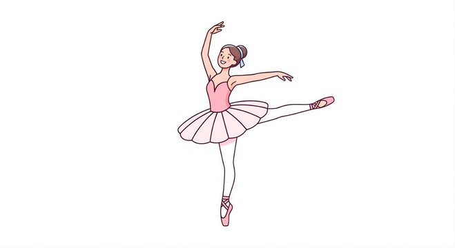 Elegant female ballerina in pink classical tutu performing an arabesque en pointe pose, flat vector illustration isolated on white background