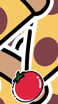 Animation of tomato and pizza icons over grey background