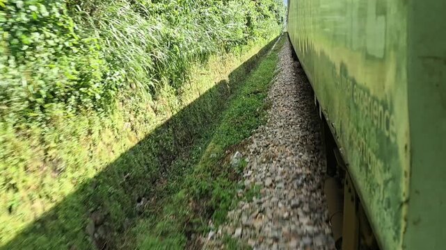 Close-up side view of Indian express train traveling through lush Dooars jungle track