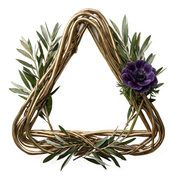 Wreath frame floral gold triangle wreath isolated on a transparent background for elegant wedding design and holiday greeting card copy space