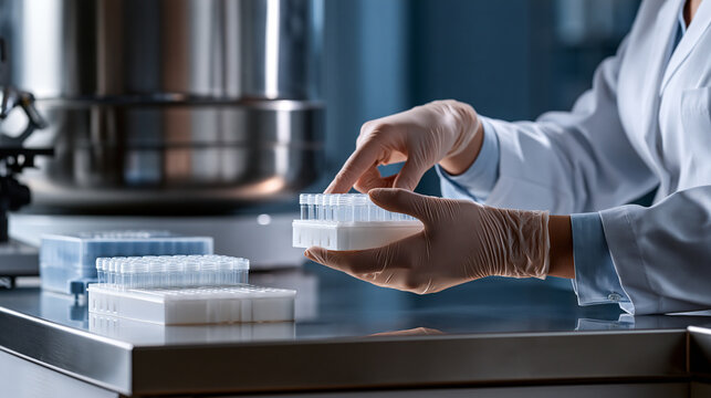 Cryogenic storage dewar with sample racks gloves and stainless steel surfaces showcasing cryo EM structural biology workflow