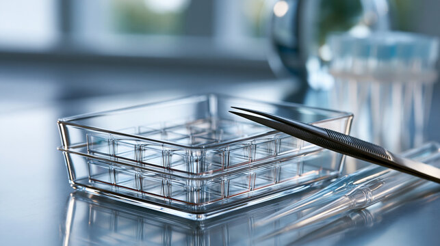 Cryo EM sample grids with tweezers and pipette tips in sterile grid box showcasing structural biology sample preparation
