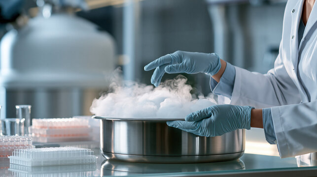 Cryogenic storage dewar with sample racks gloves and stainless steel surfaces showcasing cryo EM structural biology workflow