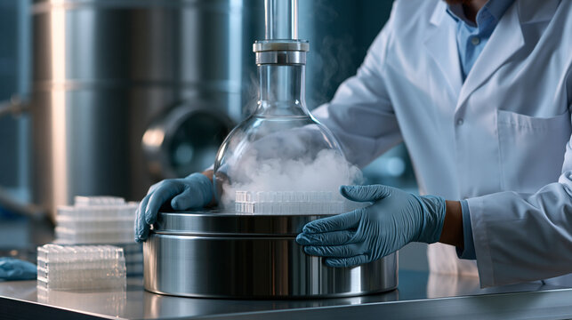 Cryogenic storage dewar with sample racks gloves and stainless steel surfaces showcasing cryo EM structural biology workflow
