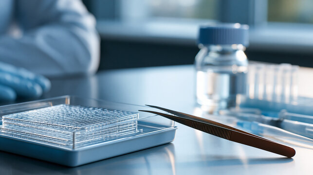 Cryo EM sample grids with tweezers and pipette tips in sterile grid box showcasing structural biology sample preparation