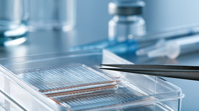Cryo EM sample grids with tweezers and pipette tips in sterile grid box showcasing structural biology sample preparation