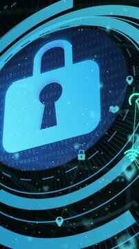 Animation of scope scanning with padlock icon over networks of connections on black background