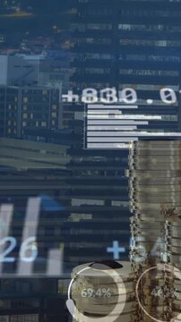 Animation of data processing and coins over cityscape