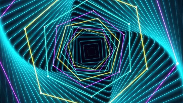 Abstract neon triangle warp tunnel with seamless geometric grid animation, Futuristic cyan magenta yellow wireframe triangular pattern background with looping digital technology design