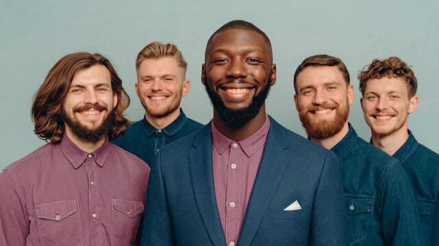 Diverse group of smiling men in stylish casual and formal wear. A collection of men of various ethnicities and hairstyles posing together with cheerful expressions