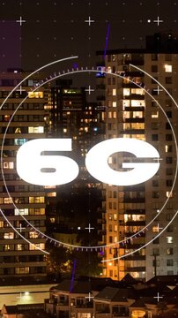 Animation of 6g text, cityscape and connections