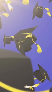Multiple graduation hat and diploma icons falling against blue background