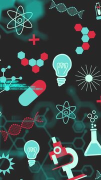 Science concept icons and data processing against black background