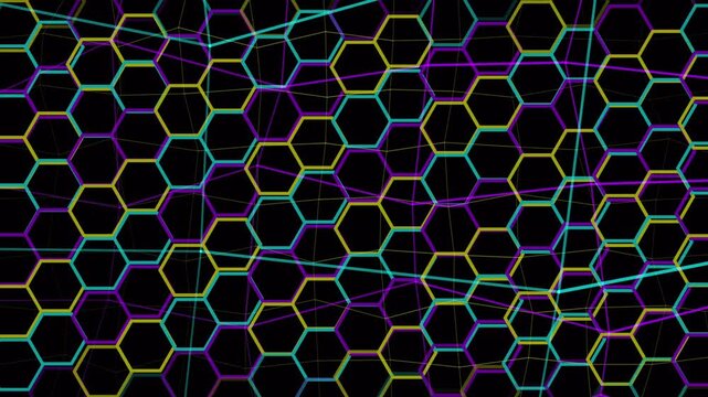 Abstract neon hexagon honeycomb pattern with seamless looping geometric animation, Futuristic cyan magenta yellow wireframe hexagonal grid background with digital technology design 4k
