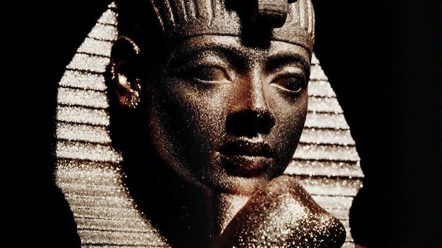 Close-up of a golden pharaoh statue with glittering particles and dramatic lighting. Detailed view of an ancient Egyptian pharaoh sculpture adorned with shimmering gold glitter