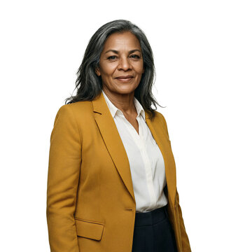 Latina woman senior portrait wearing ochre yellow blazer isolated on a transparent background for professional business and corporate marketing projects