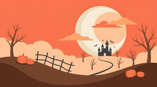 Halloween landscape with haunted castle, pumpkins, and full moon