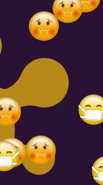 Nauseated and face with mask emojis floating against Covid-19 cells on purple background
