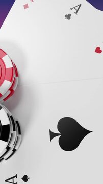Animation of casino chips and playing cards over gradient purple to pink background