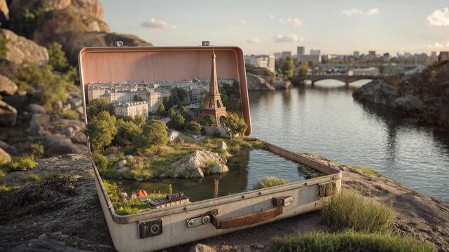 Surreal suitcase opens to reveal miniature Paris cityscape and serene landscape. A vintage suitcase transforms into a portal, showcasing a tiny Eiffel Tower and a tranquil waterscape