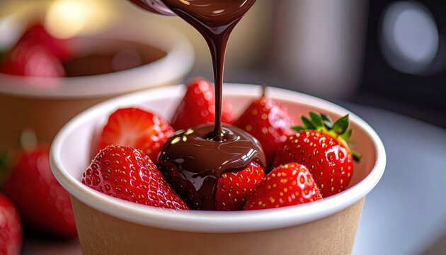 Close-up of pouring melted chocolate over fresh strawberries inside takeaway cup, artisan dessert preparation, indulgent food photography