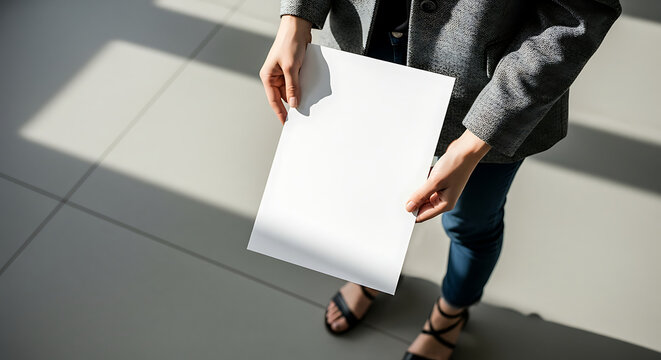 Businesswoman Holding Blank Paper Document for Presentation or Information